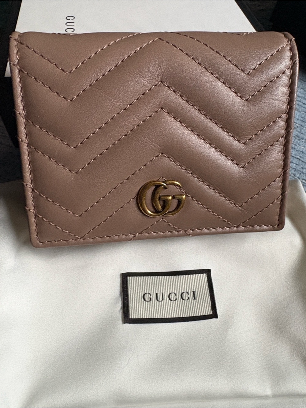 Gucci Quilted Leather Mini Wallet in Taupe with Gold GG